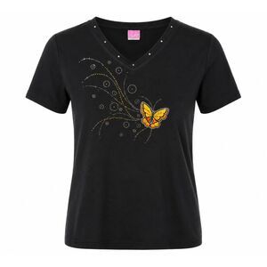 LAT Women's Black Butterfly Rhinestone V-Neck T-Shirt Short Sleeve Large
